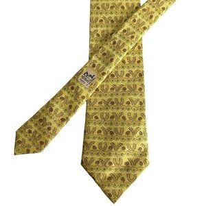 Hermes Mens 100% Silk Tie Yellow Brown Leaves Floral Pattern Necktie France